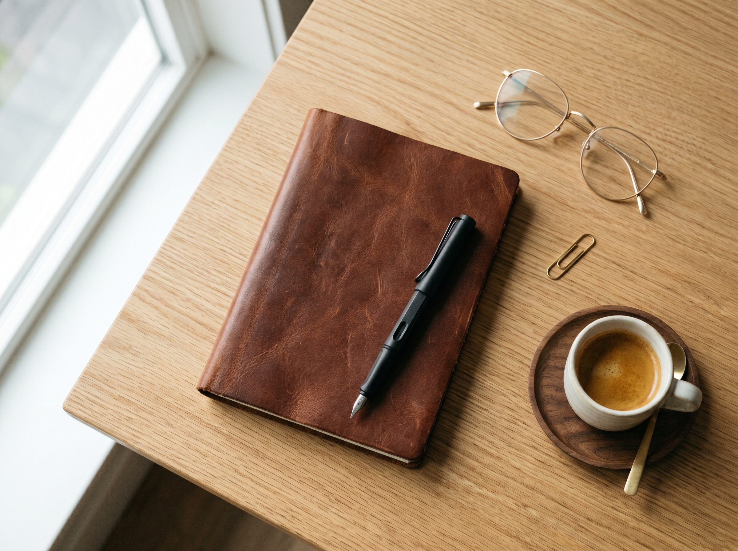 A leather journal, black fountain pen, and espresso cup on an oak desk.