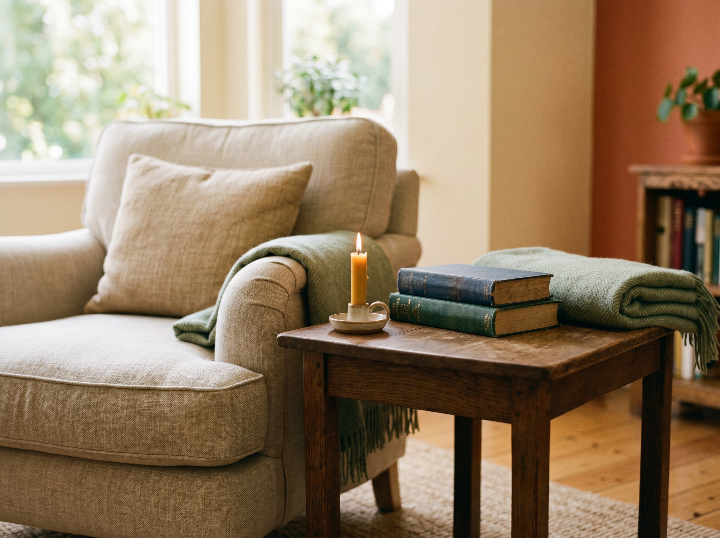 A linen reading chair with a candle, stacked books, and sage wool throw.