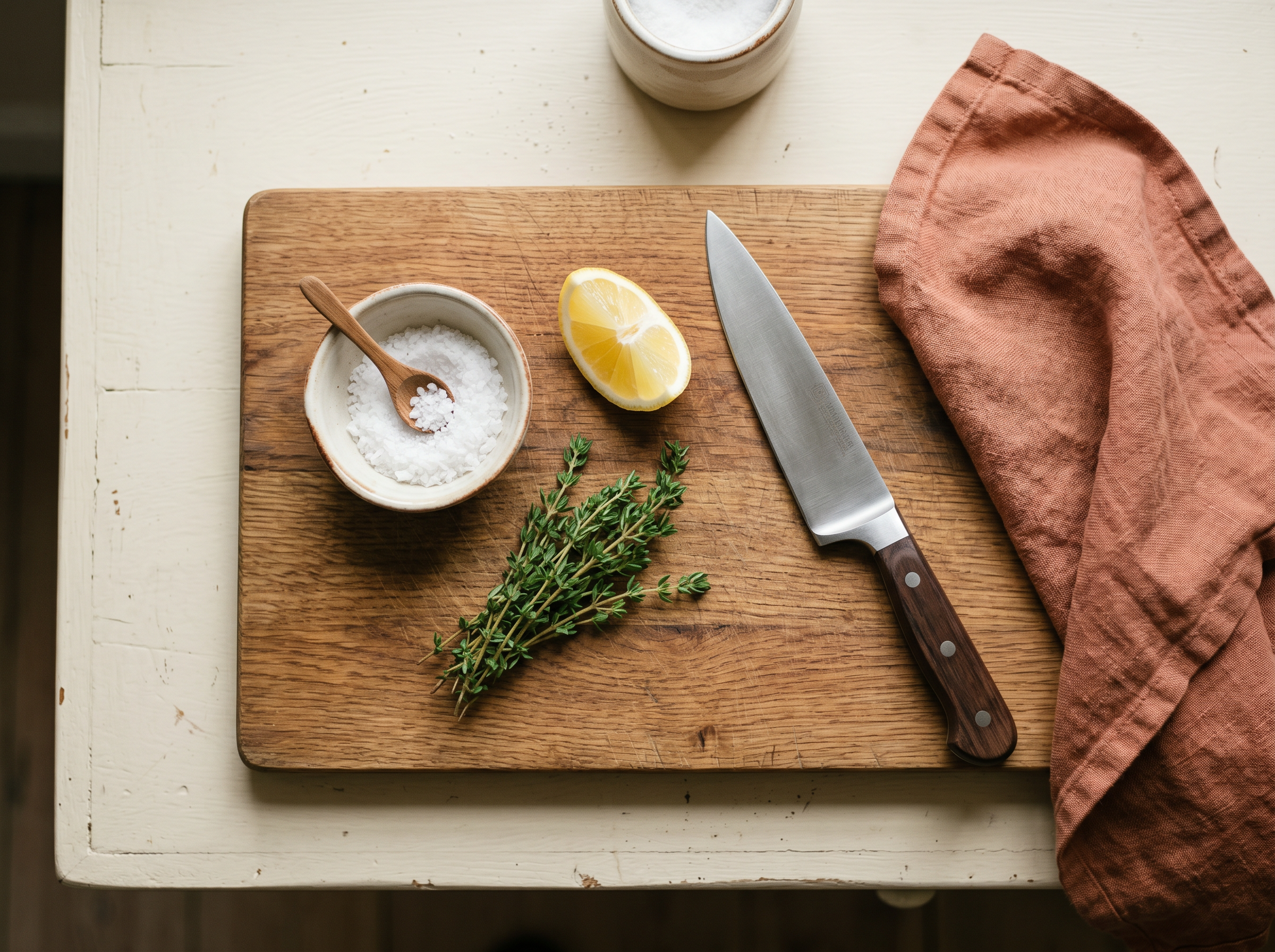 Wooden cutting board with a chef’s knife, salt, lemon, and herbs.