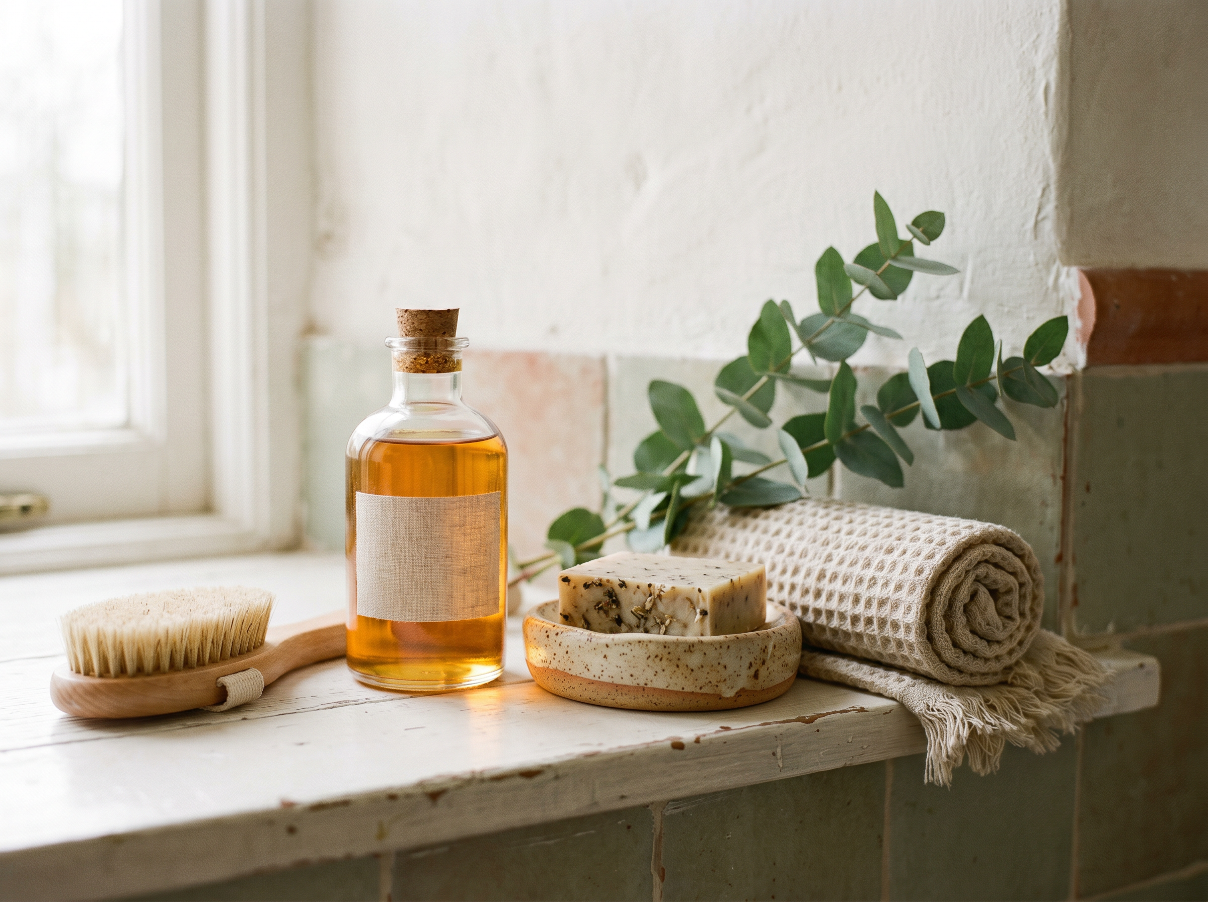 Body oil, soap bar, linen towel, and eucalyptus on a white bathroom shelf.