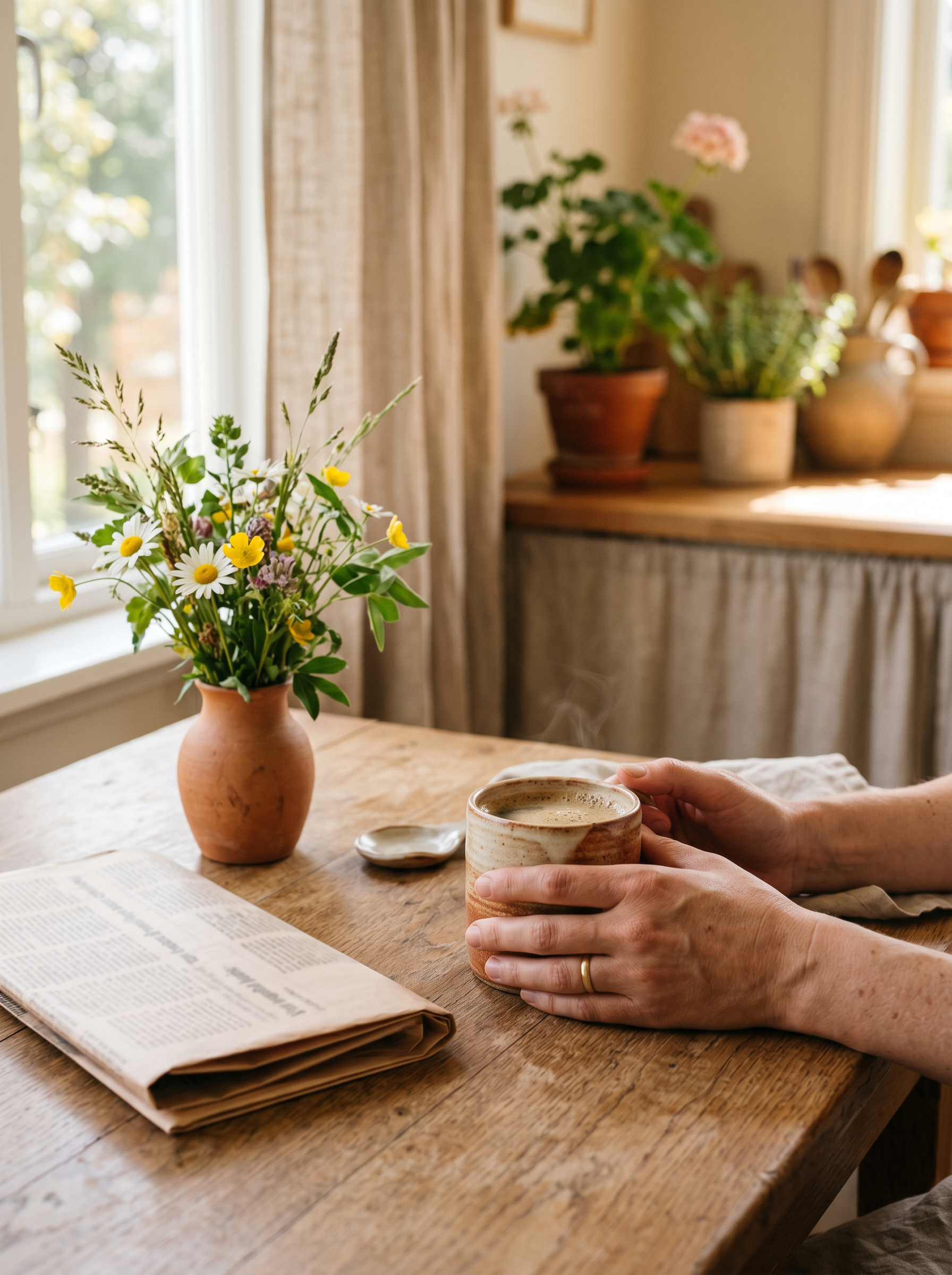 A pair of hands holding a handmade mug of coffee at a sunlit kitchen table with wildflowers.