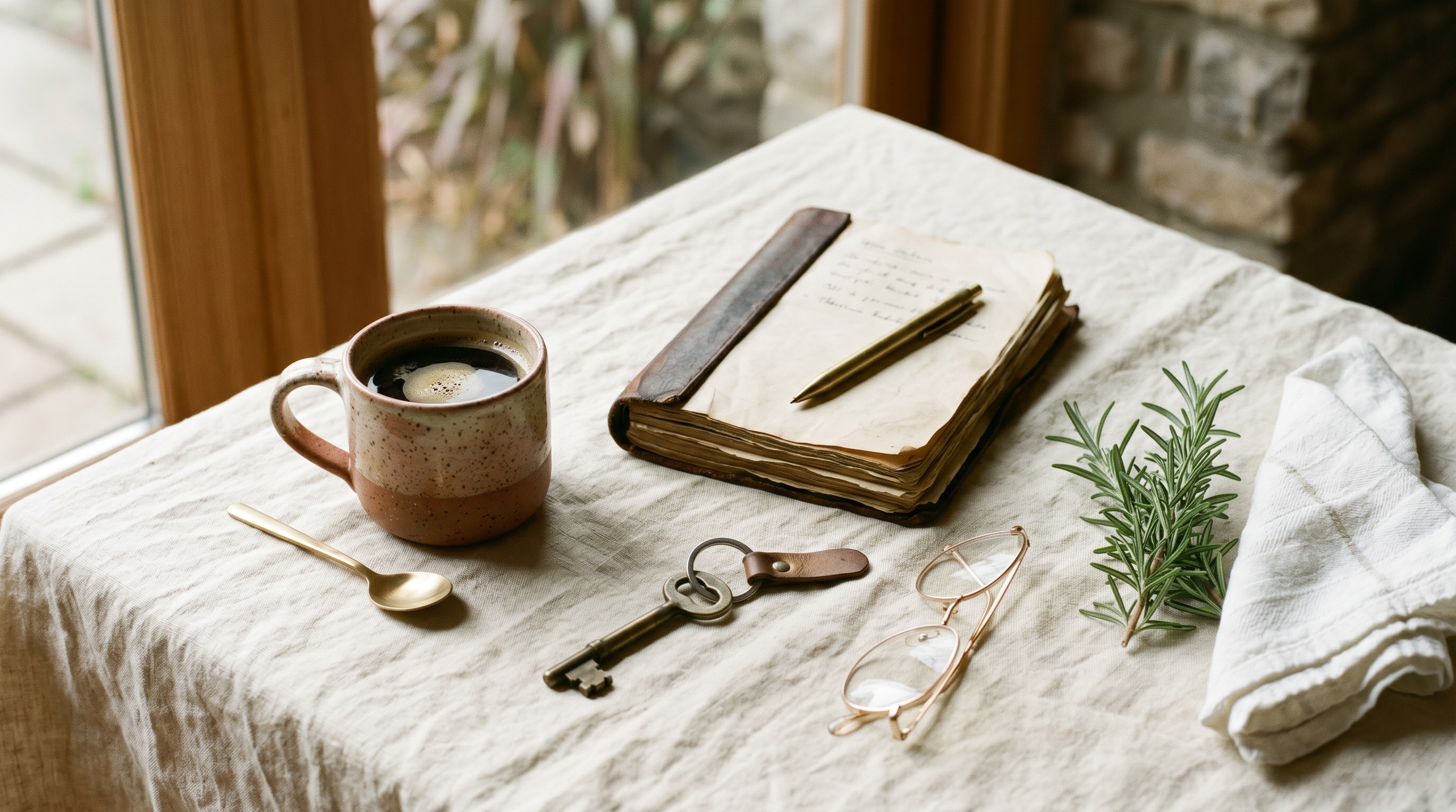 A handmade mug of coffee, a worn journal, a brass key, rosemary, and reading glasses arranged on a linen cloth in morning light.