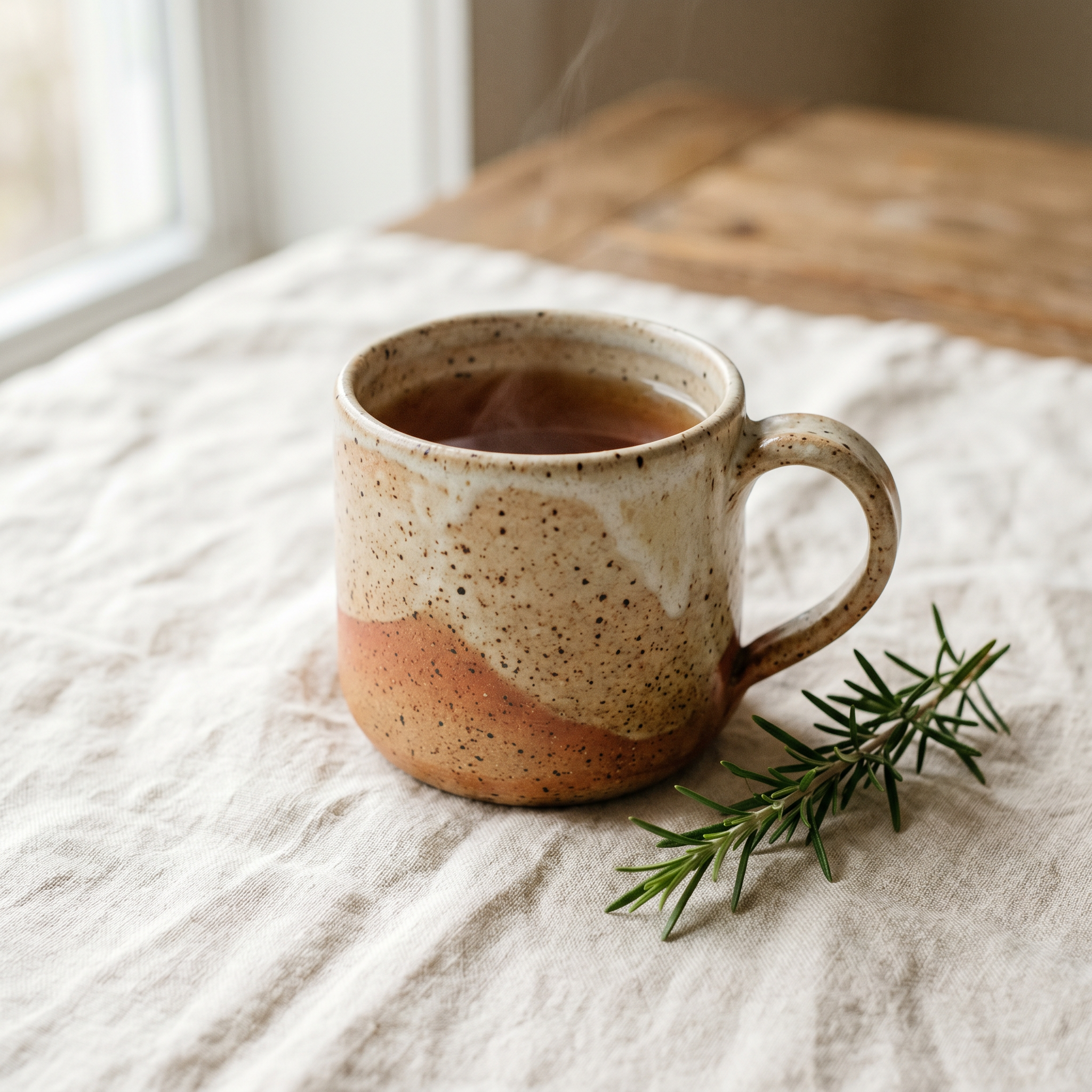 A speckled stoneware mug filled with coffee on a cream linen cloth with a sprig of rosemary.